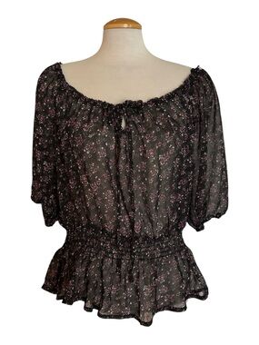 Urban Behavior Peace & Love Black Sheer Pink Floral Blouse Top